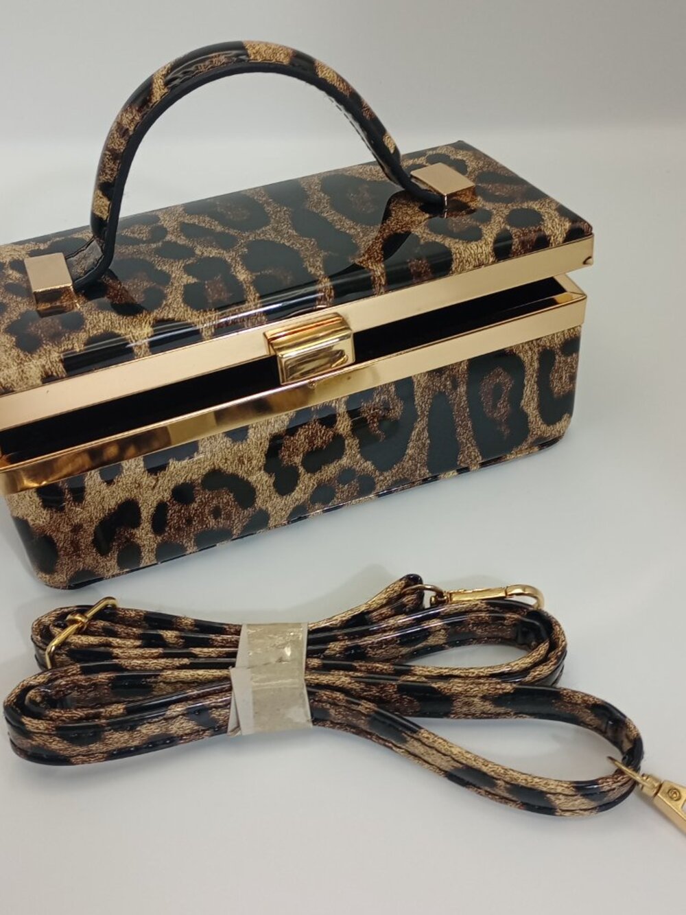 Leopard Print Acrylic Box Clutch Purse Gold Frame Top Handle Crossbody Strap